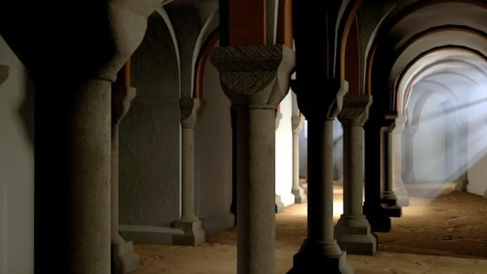 A dark room with columns