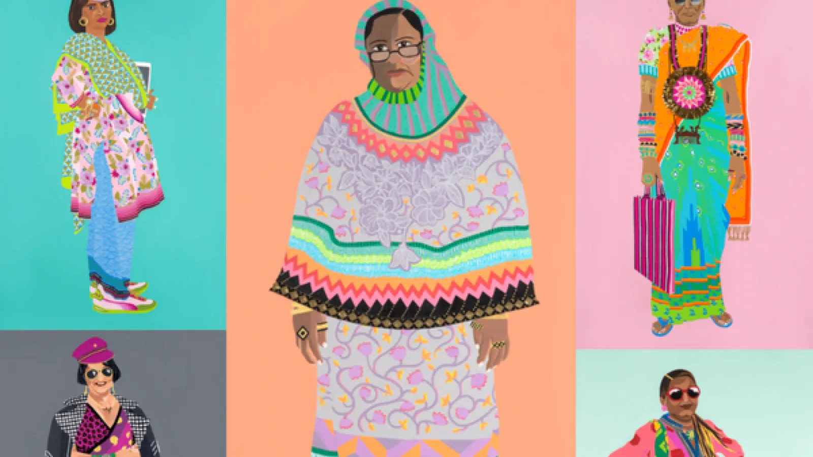 Five South Asian women in colorful clothing with bright backgrounds.