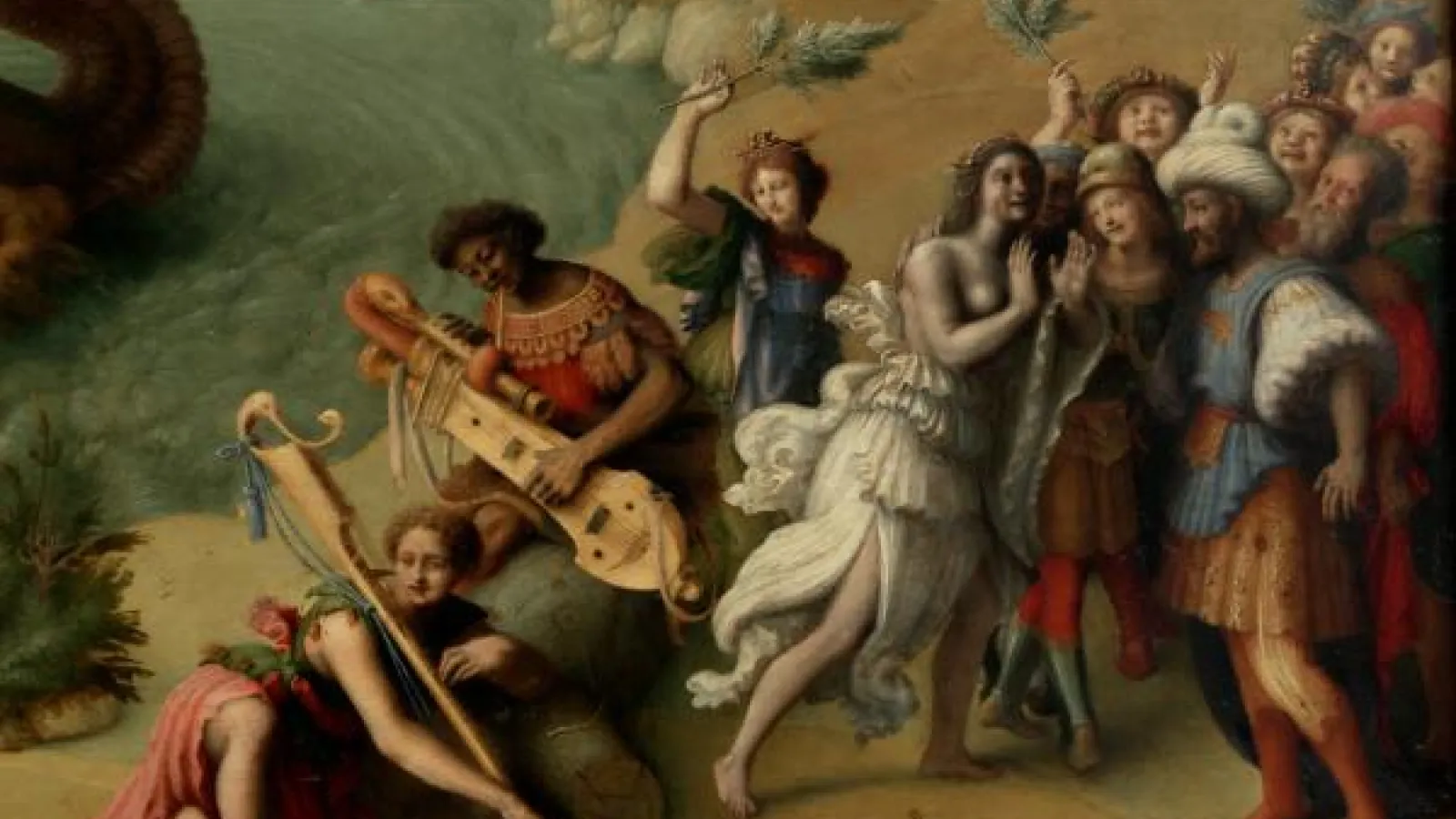 A portion of Piero di Cosimo's painting Perseus Frees Andromeda, featuring a black female musician