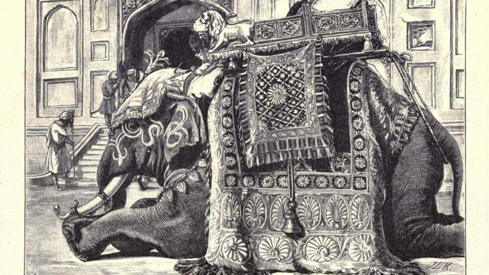 Black and white illustration of an elephant lying in the street with a carpet and structure on its back