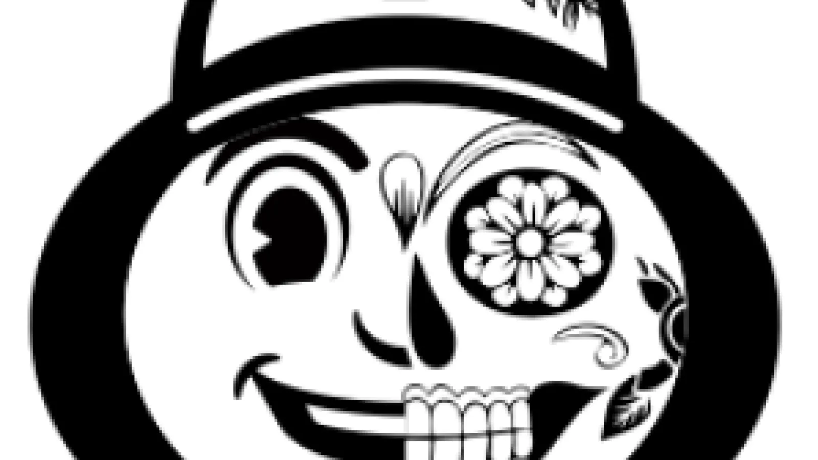 Image with Brutus the Buckeye on the left hemisphere and a flower skull on the right hemisphere