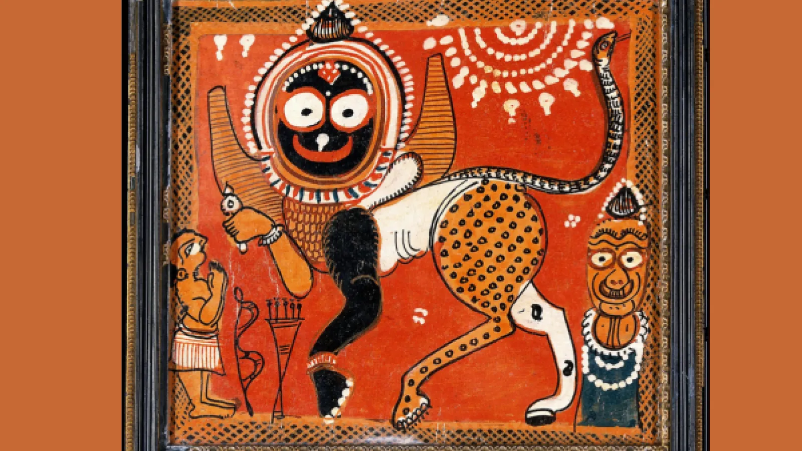 A square work of art in mostly orange colors with a catlike animal in the center that has a wild smile