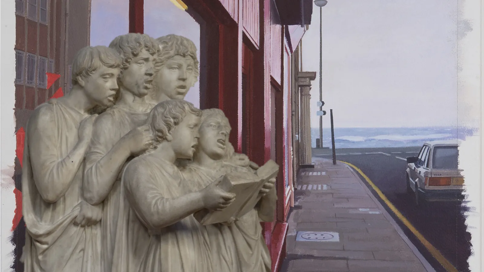 A marble sculpture of a small choir on a sidewalk. 