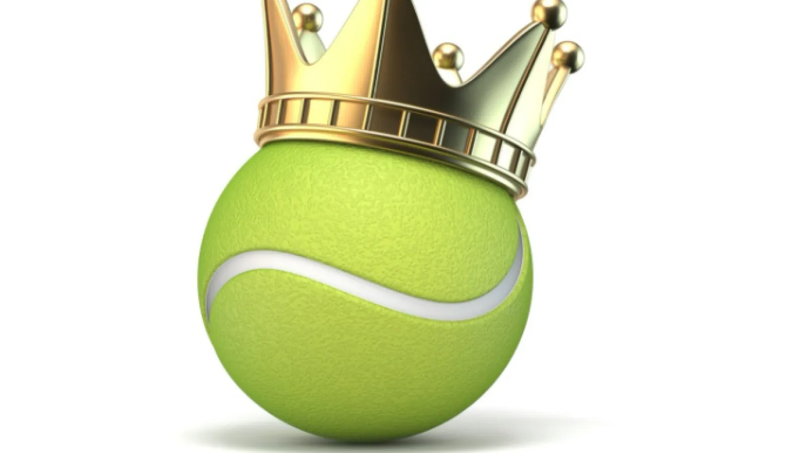 A green tennis ball with a gold king's crown balanced on top of it