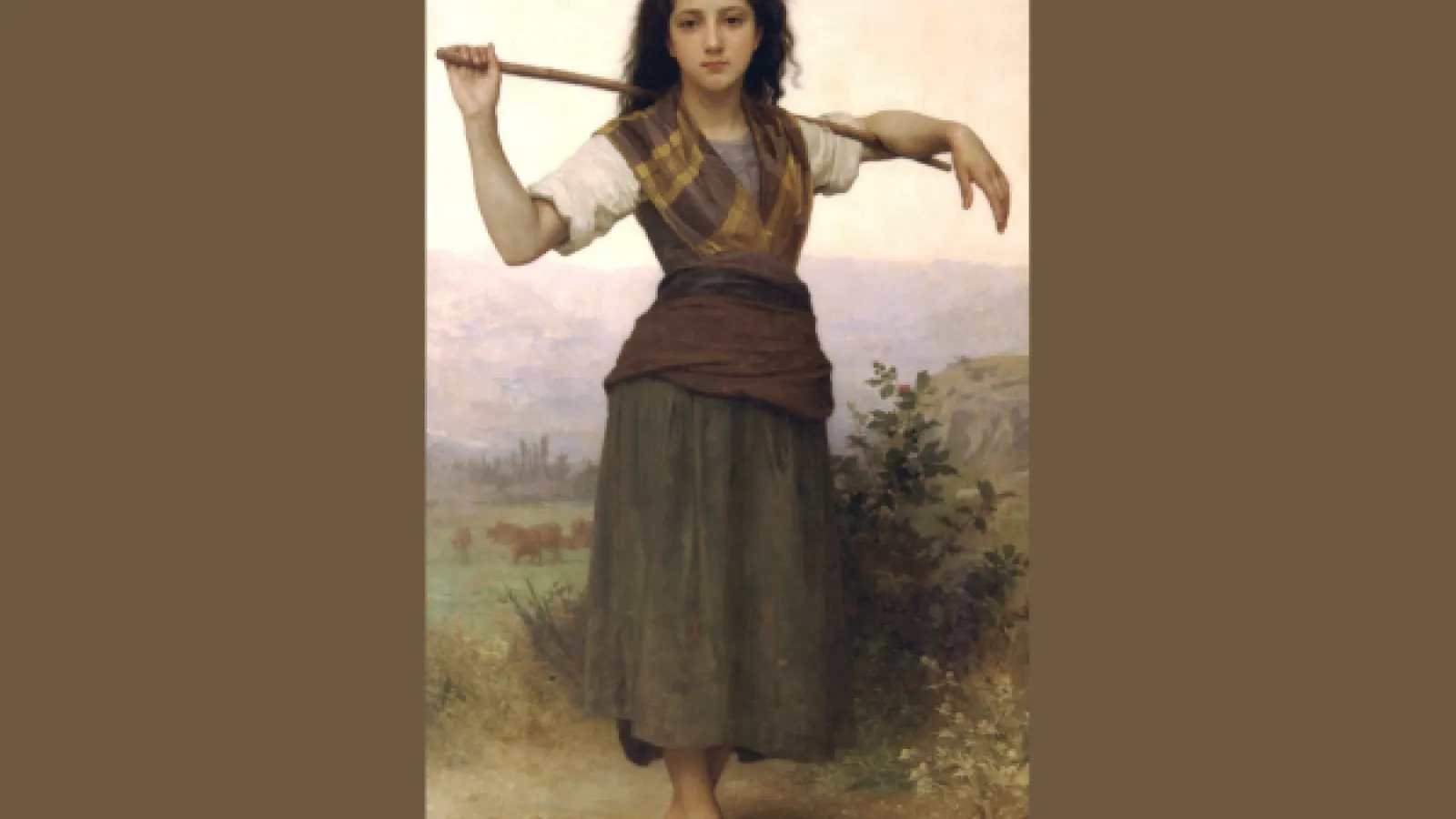 Painting of a shephard girl holding a stick