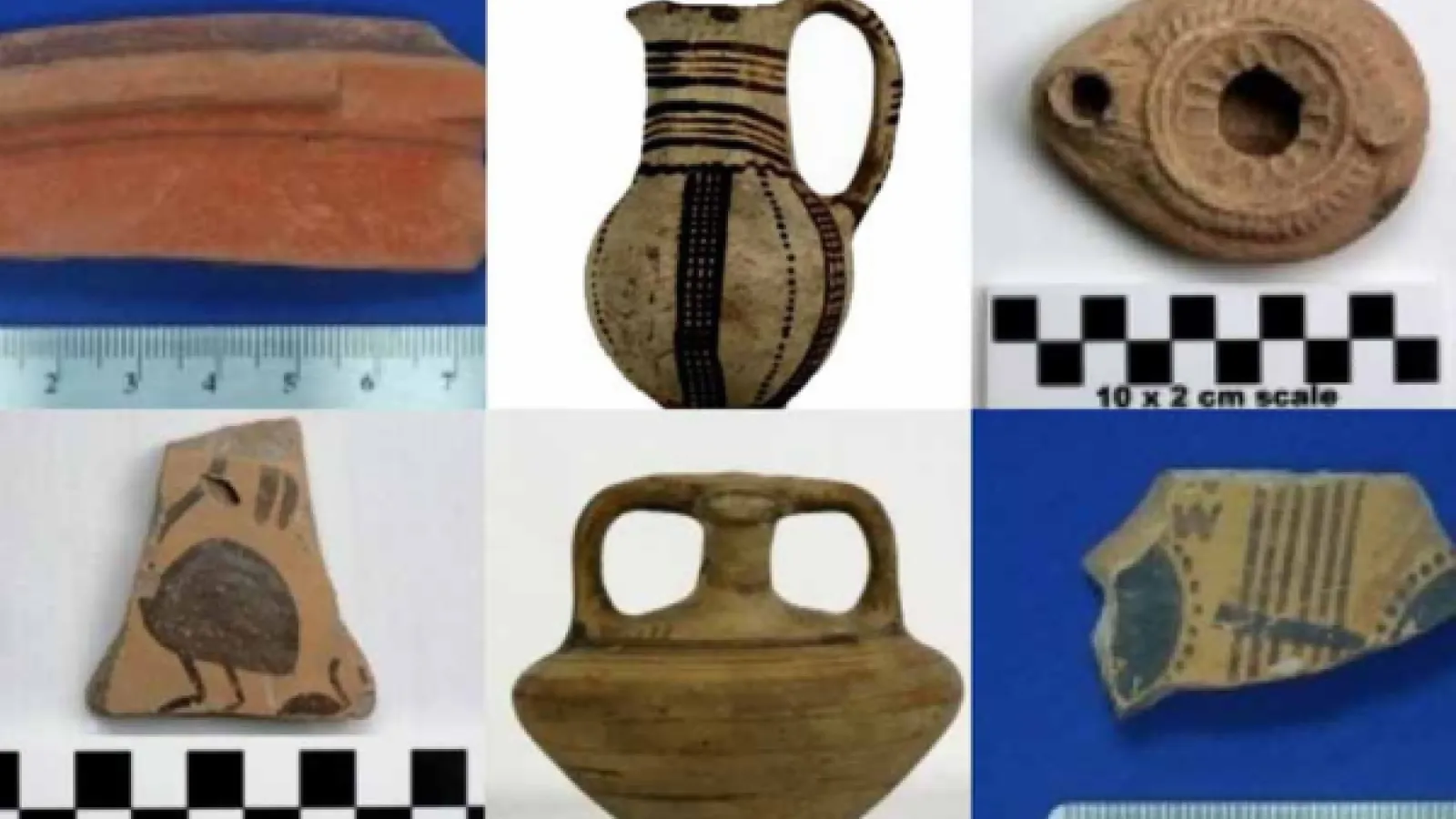 A grid of archeology findings- a clay shard, a ceramic pitcher, a two-handled vessel and three other shards.