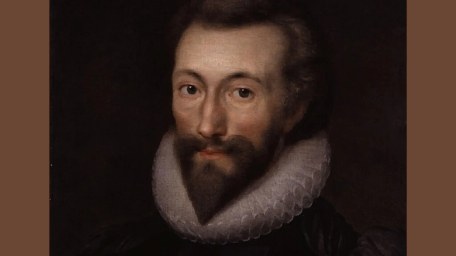 Portrait of John Donne with brown hair and a bear with a high white collar