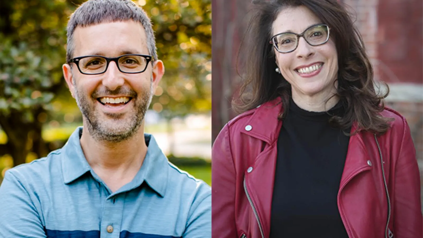 Isaac Weiner in a blue shirt on the left, Robin Judd with a black shirt and pink jacket on the right