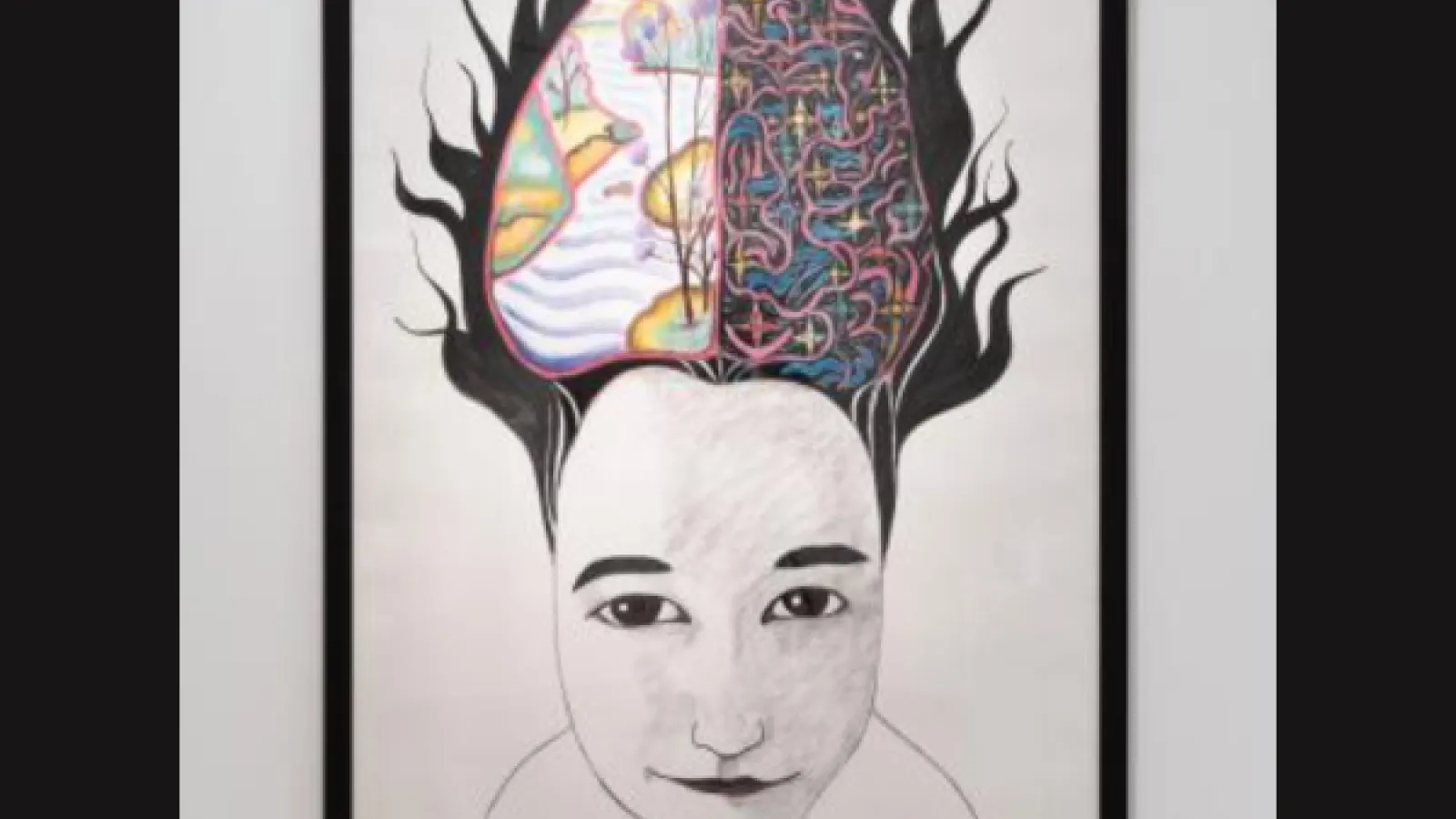 A painting of a child with hair standing up with a drawing of a brain inside the hair