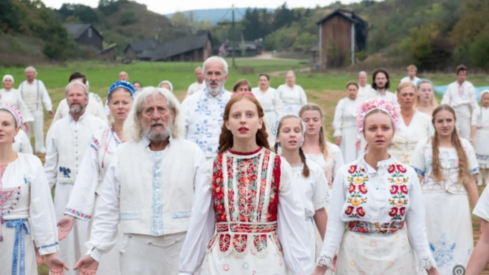 A group of people dressed in traditional swedish outfits from the movie Midsommar