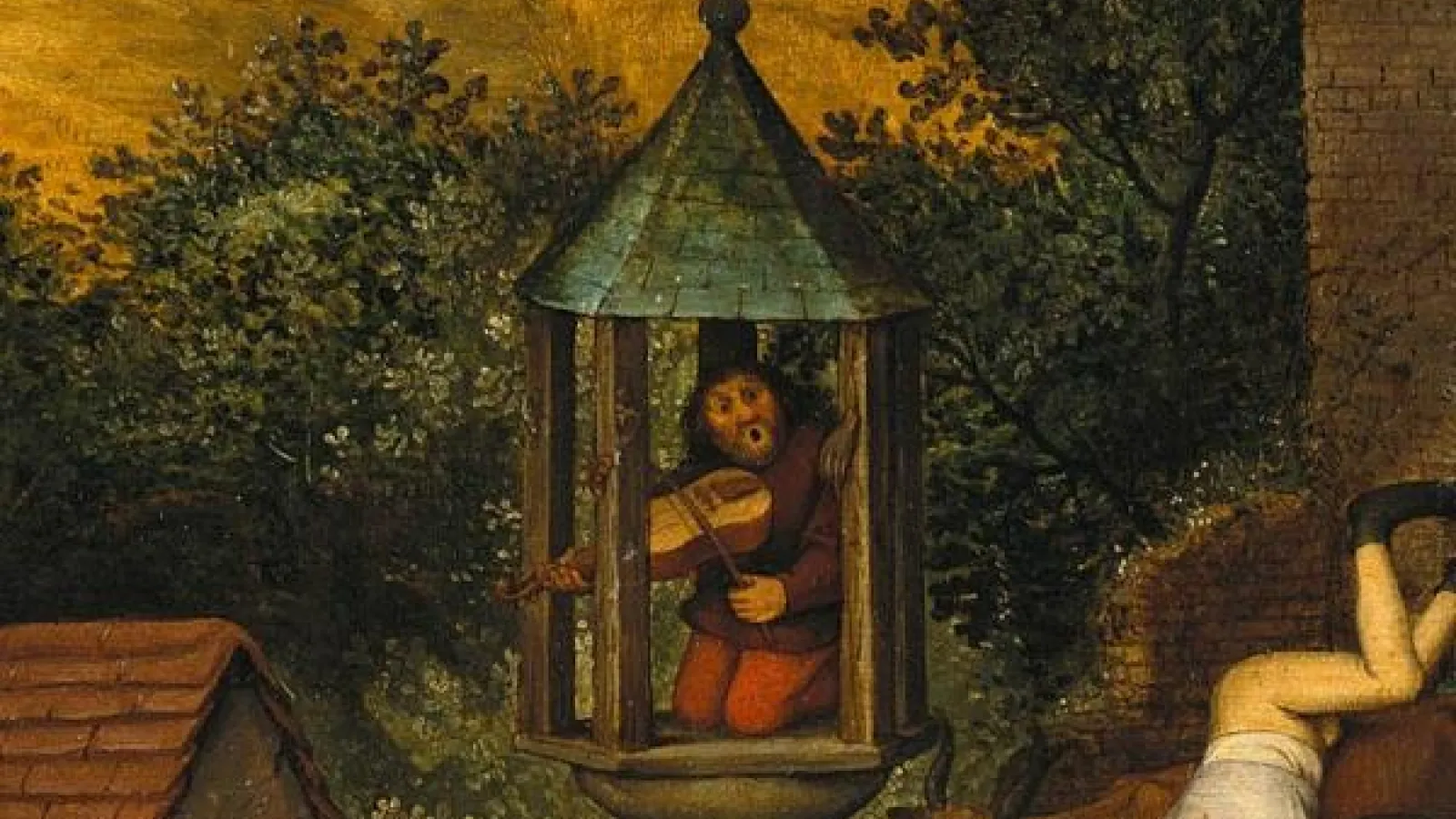 A medieval painting of a person playing a guitar inside of a raised cage