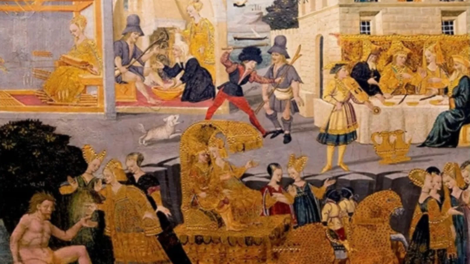 Medieval-style painting depicting scenes of daily life, including a scuffle, a feast, a royal procession, and townspeople looking on.