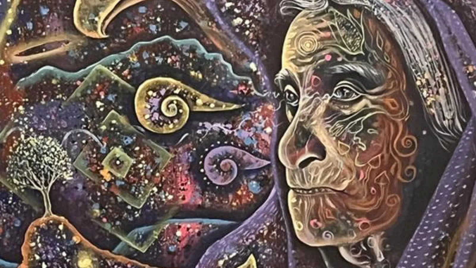 A person with grey hair surrounded by shapes and colors