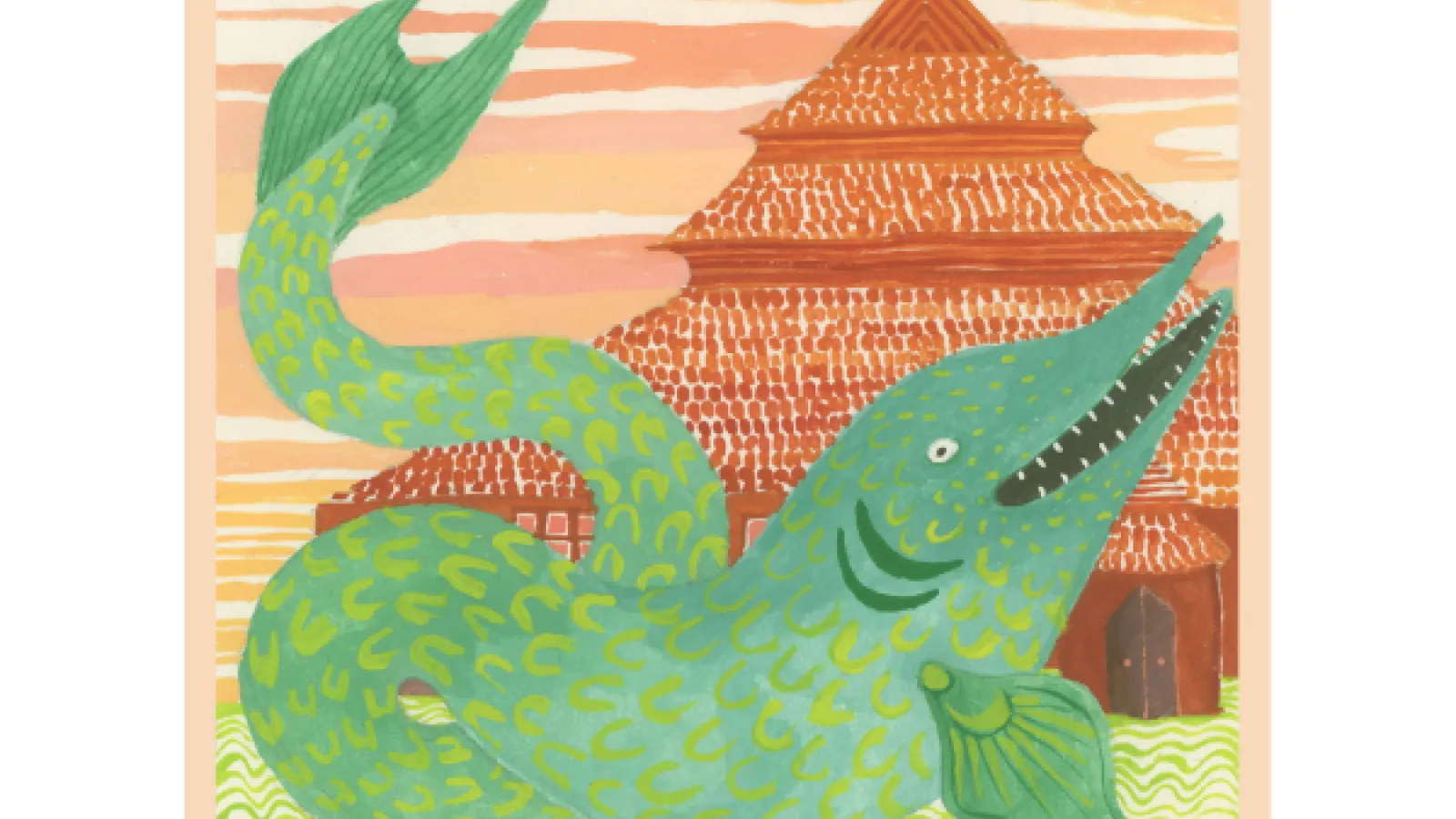 A Levyosn (Leviathan) in front of a house with straw roof