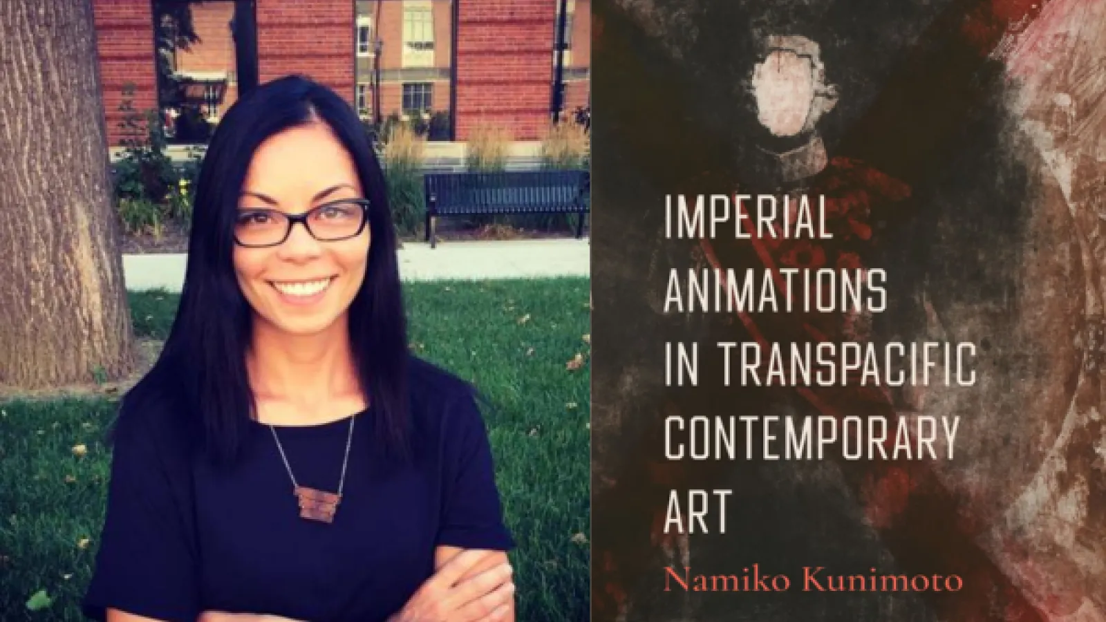 A headshot of Namiko Kunimoto next to a darkly drawn book cover that reads, "
