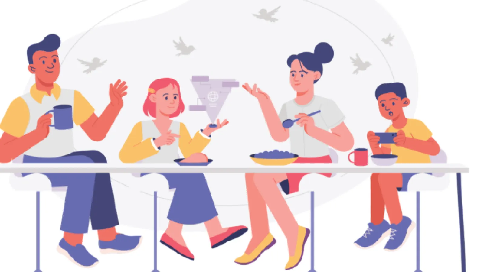 a graphic drawing of Cartoon people having lunch at a counter