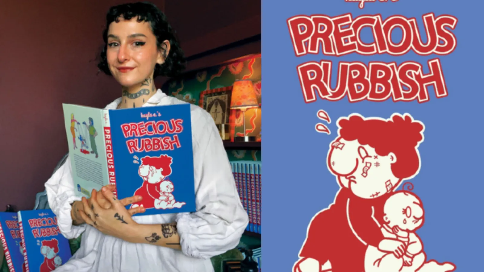 Kayla E holding her book alongside a close up of the cover with a cartoon of a woman and a baby and reads "Kayla E's Precious Rubbish"