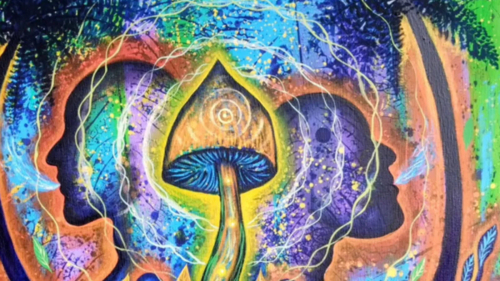 A painting of a mushroom surrounded by two sillhouettes of faces