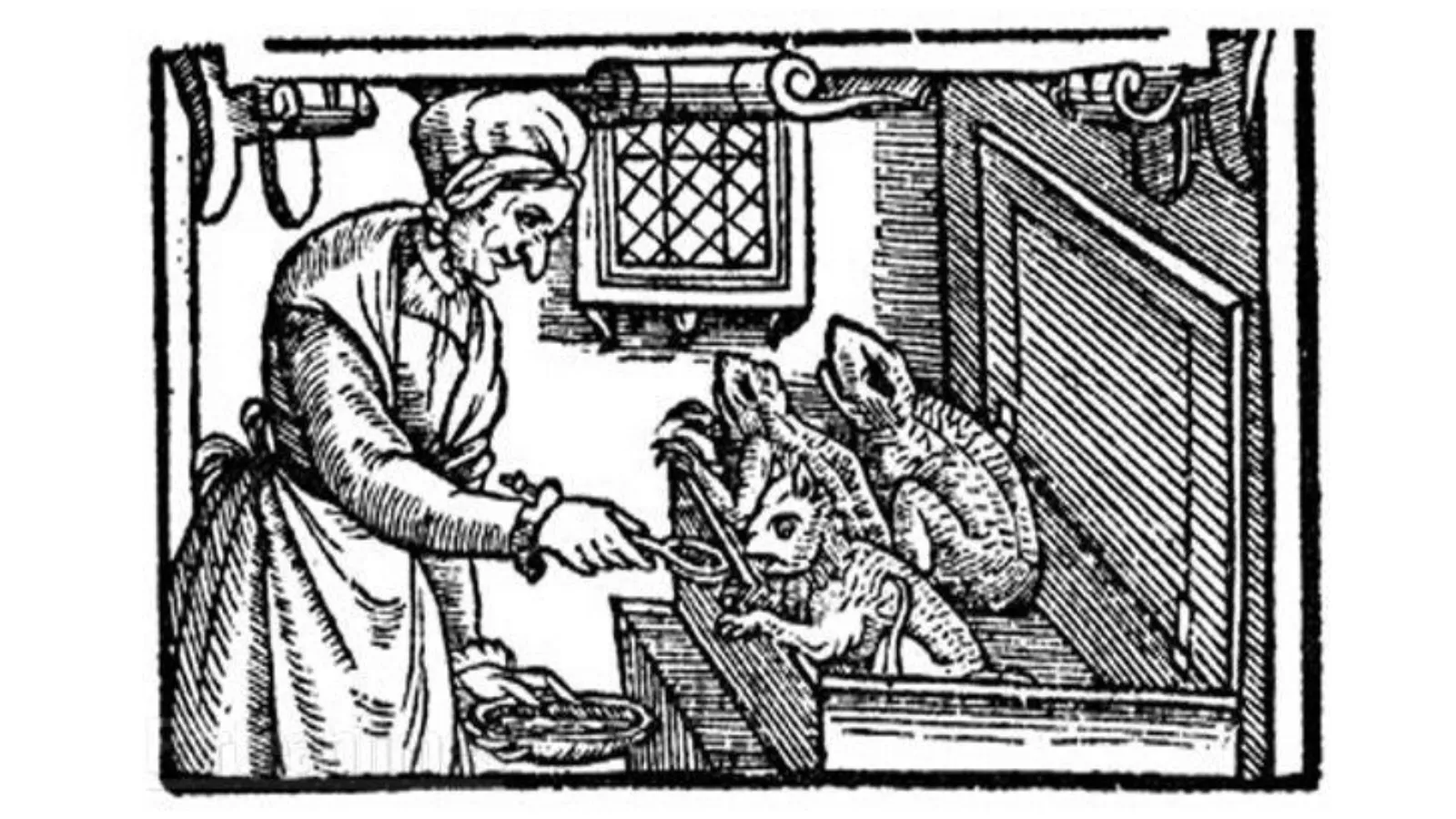 a witch and her familiar cooking in a kitchen