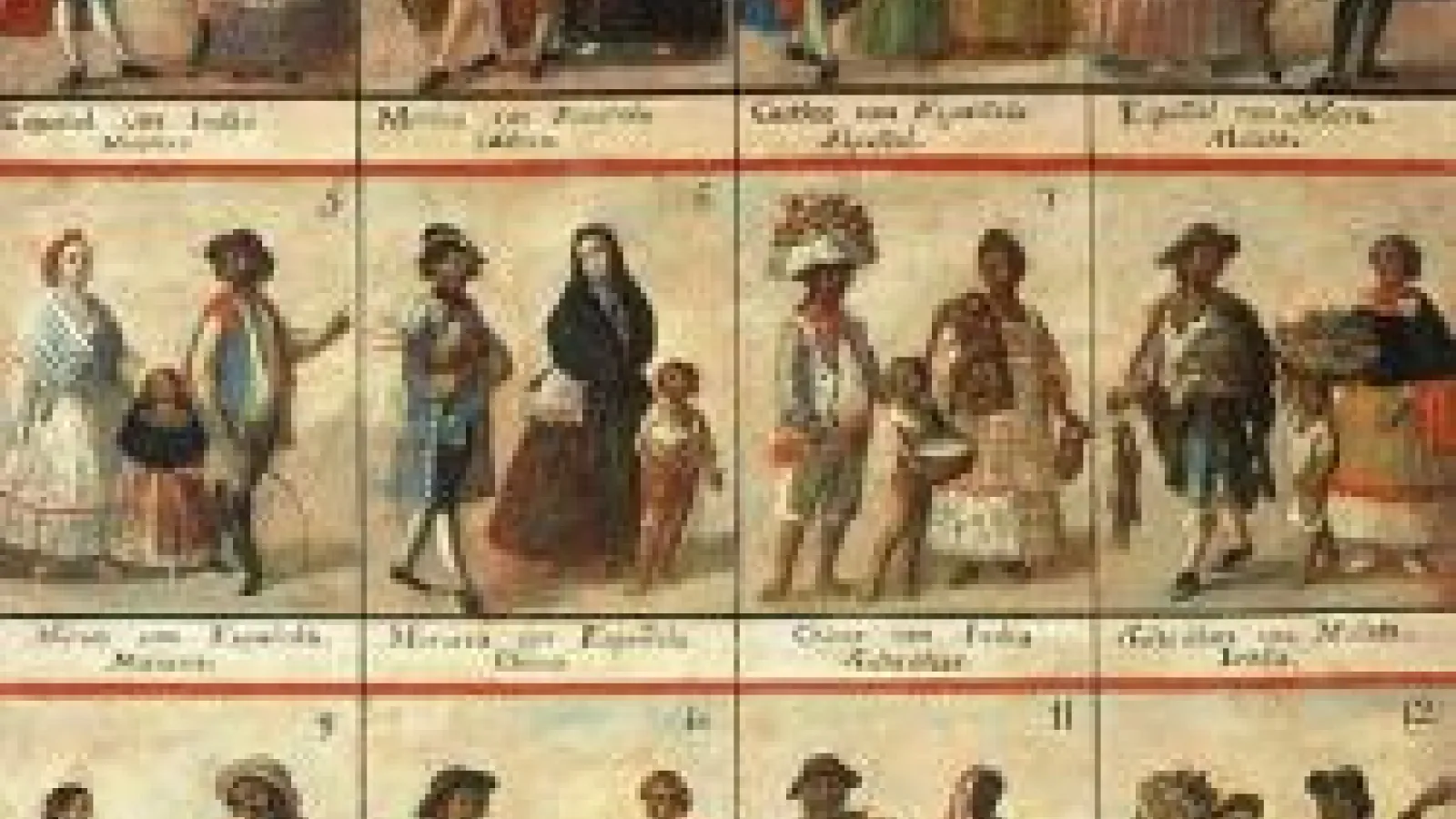 A painting with a grid of 12 squares showing people in clothing from the 17th century