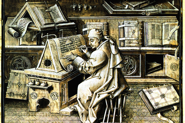 A medieval scribe at a desk