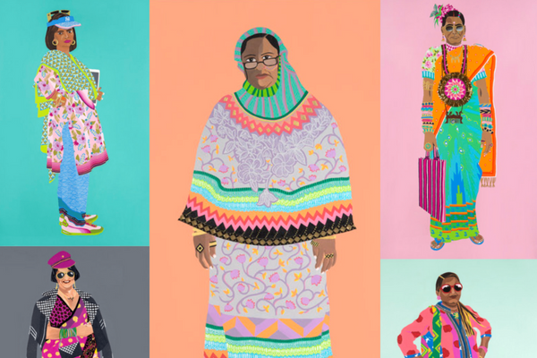 Five South Asian women in colorful clothing with bright backgrounds.