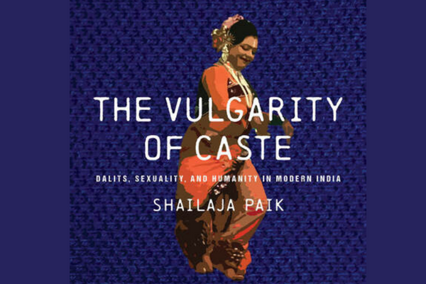 Book cover of Vulgarity of Caste with an Indian woman in an orange sari dancing or squatting on a purple rectangle background