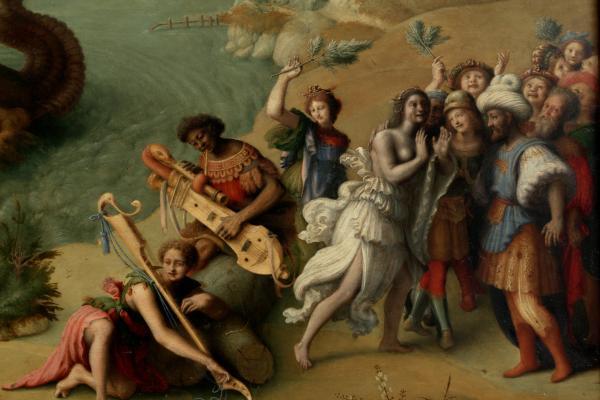 A portion of Piero di Cosimo's painting Perseus Frees Andromeda, featuring a black female musician