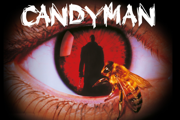 The word "Candyman" with an eyeball with a red iris, the sillhouette of a man reflected in it, and a bee touching the eyeball.