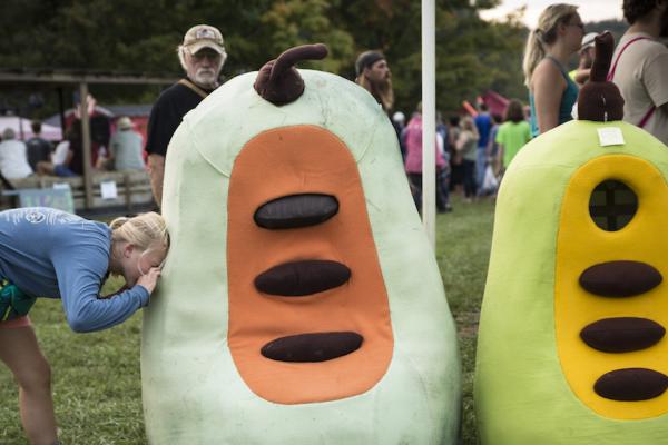 A person peering into a giant paw paw costume