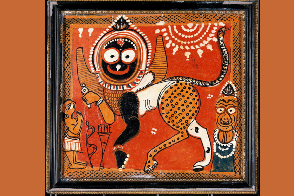 A square work of art in mostly orange colors with a catlike animal in the center that has a wild smile