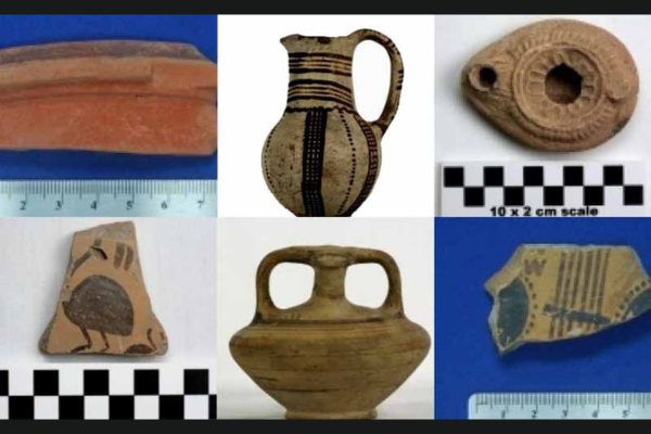A grid of archeology findings- a clay shard, a ceramic pitcher, a two-handled vessel and three other shards.