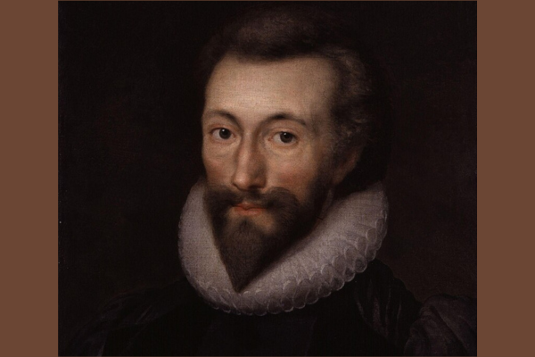 Portrait of John Donne with brown hair and a bear with a high white collar