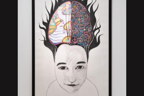 A painting of a child with hair standing up with a drawing of a brain inside the hair