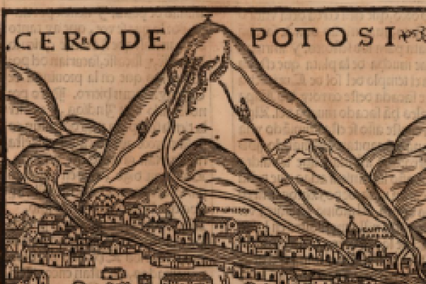 A hand drawn image of a mountain and text reads cerode potosi