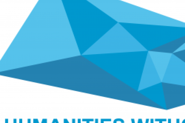 a blue shape with text humanities without walls